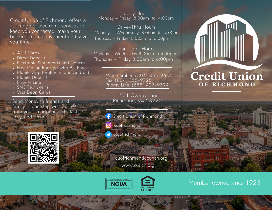 Credit Union of Richmond trifold brochure panel with hours and contact information