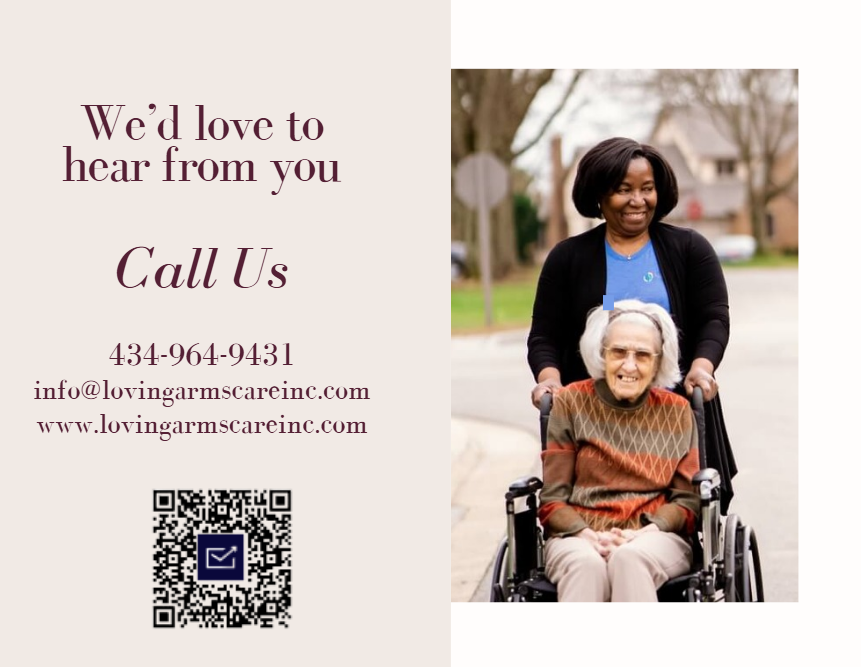 Loving Arms Care contact panel with phone number and QR code